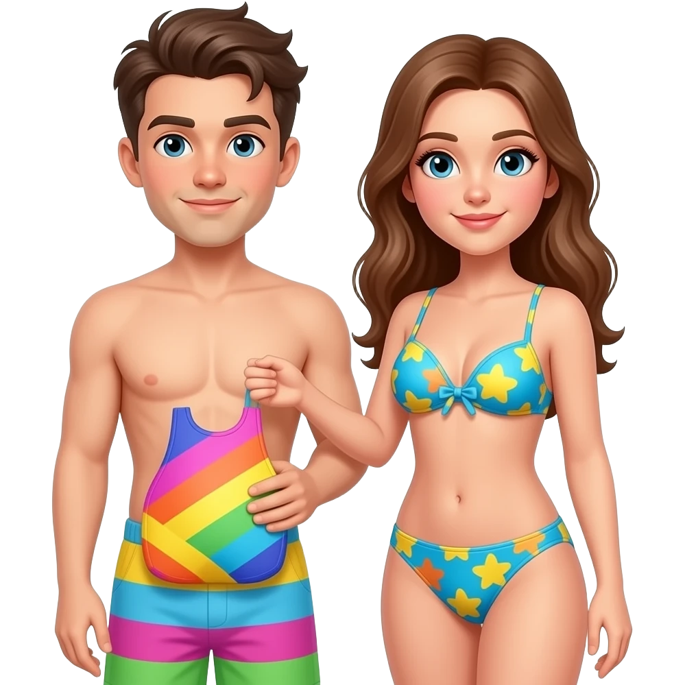 A young man is holding colorful swimsuit from a nude girl emoji