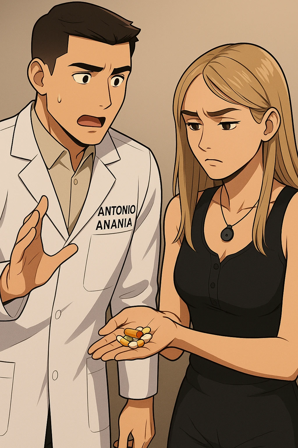 fai un webtoon/manga a colori con questo kinesiologo in camice bianco (fagli la scritta "ANTONIO ANANIA" SUL CAMICE) CHE PARLA CON QUESTA RAGAZZA. LA RAGAZZA HA UN PUGNO DI INTEGRATORI IN MANO (TANTE PILLOLE DIVERSE) E LE GUARDA DUBBIOSA. IL KINESIOLOGO CON IL CAMICE BIANCO LE DOMANDA UNA COSA SCIOCCATO. NON FARE I FUMETTI, FAI SOLO LORO COME SE DIALOGASSERO emoji