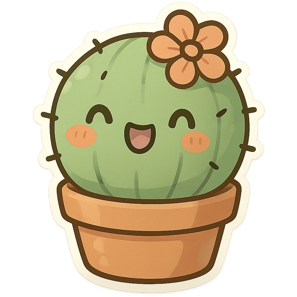 cute and exaggerated chibi sticker-style cactus with a flower on top emoji