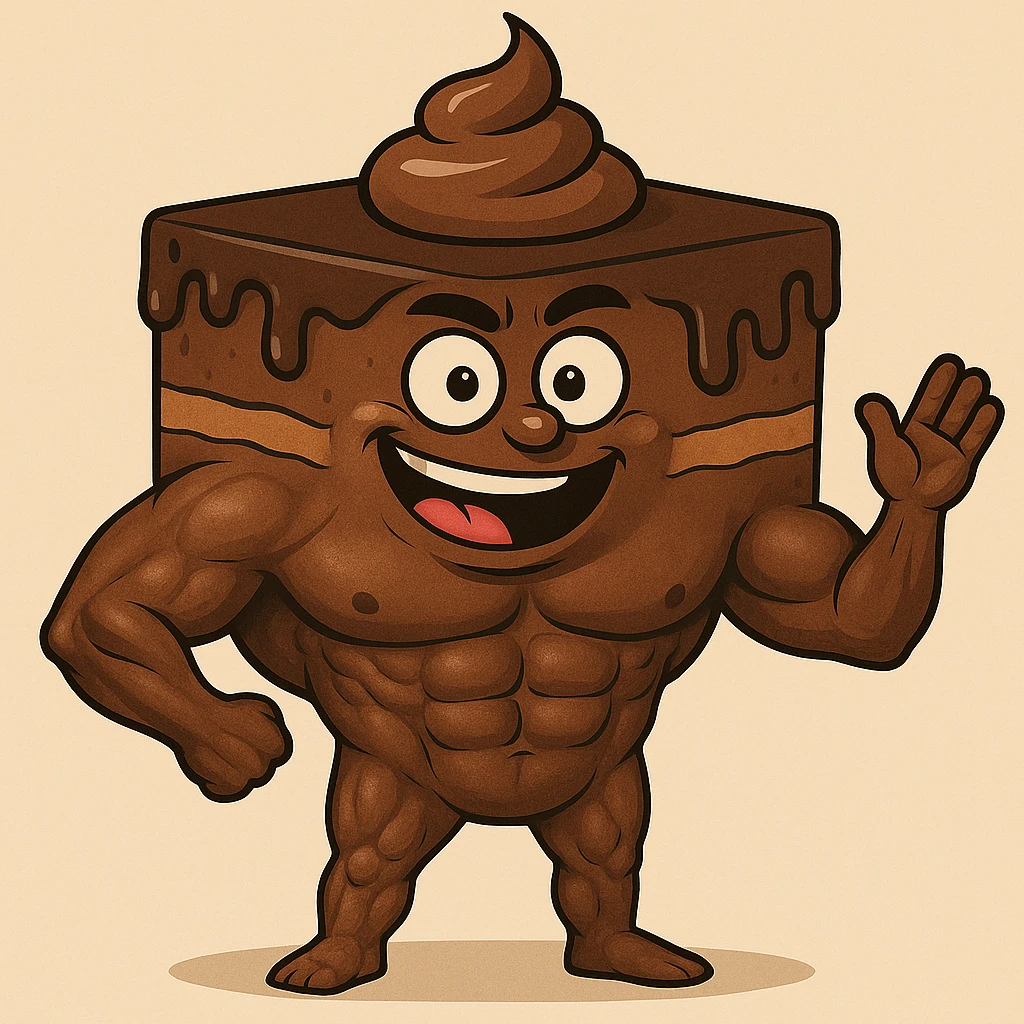 Make the abs on the chocolate cake more realistic while keeping a playful character style. Use a simple background. emoji