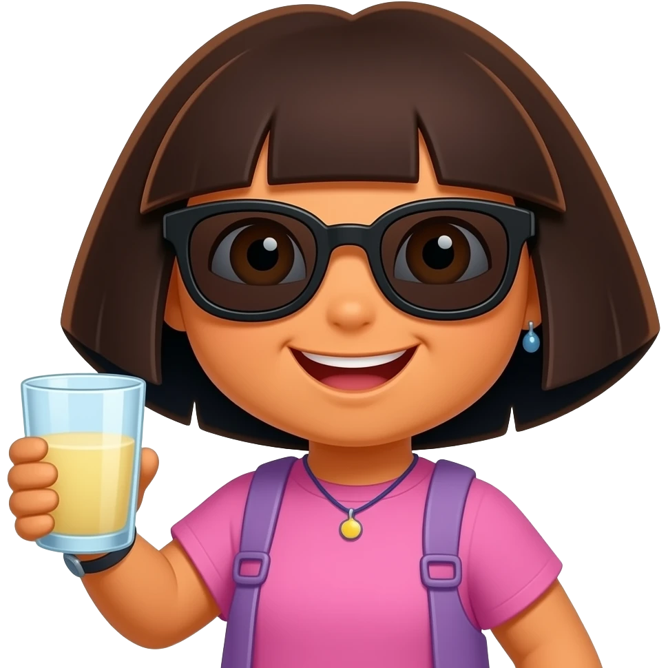 Cool dora with cool black shade s, holding his glass and have a aesthetic smile emoji