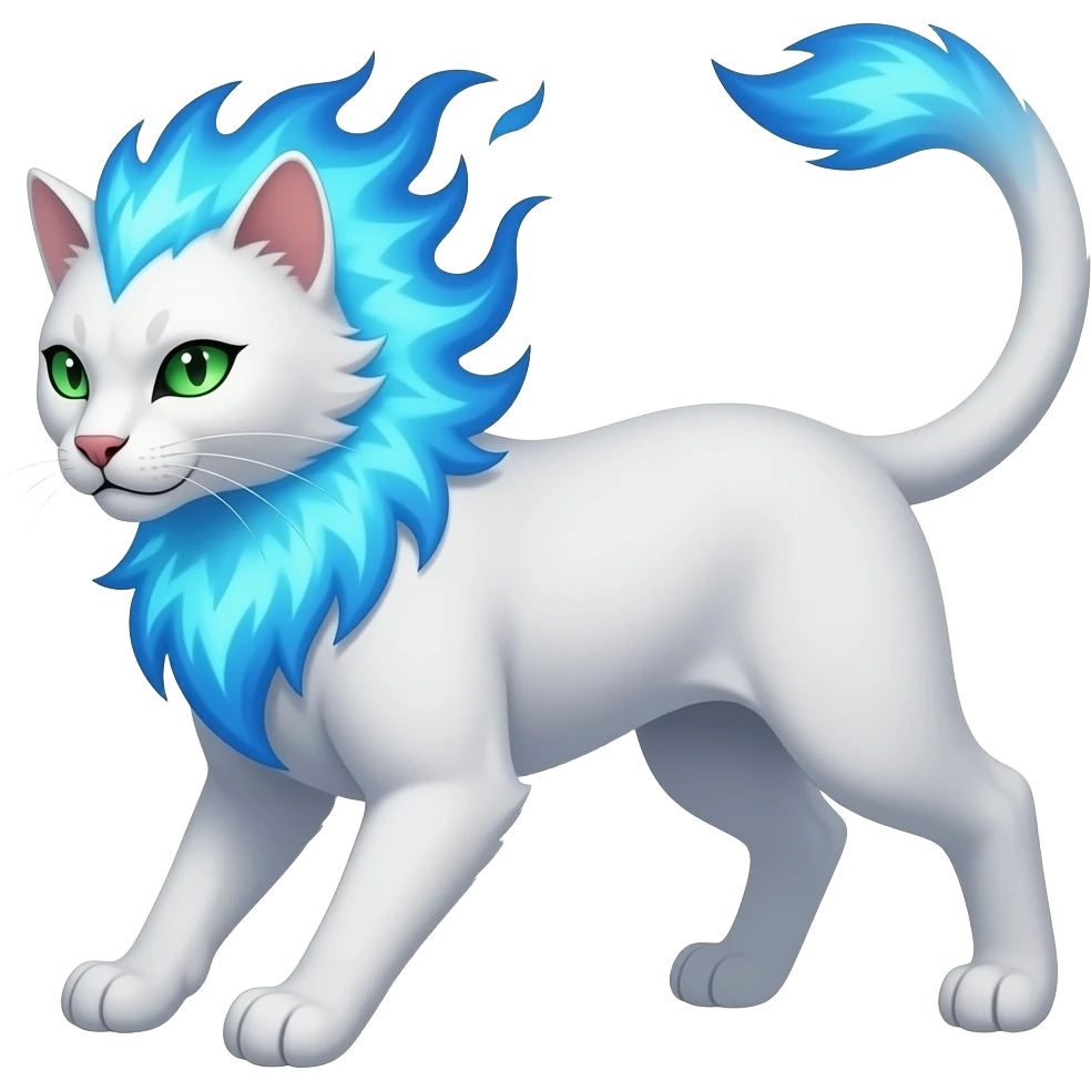 A sleek white feline with a mane of living blue fire and green eyes that glow in darkness. It is proud, fast, and fiercely territorial. emoji