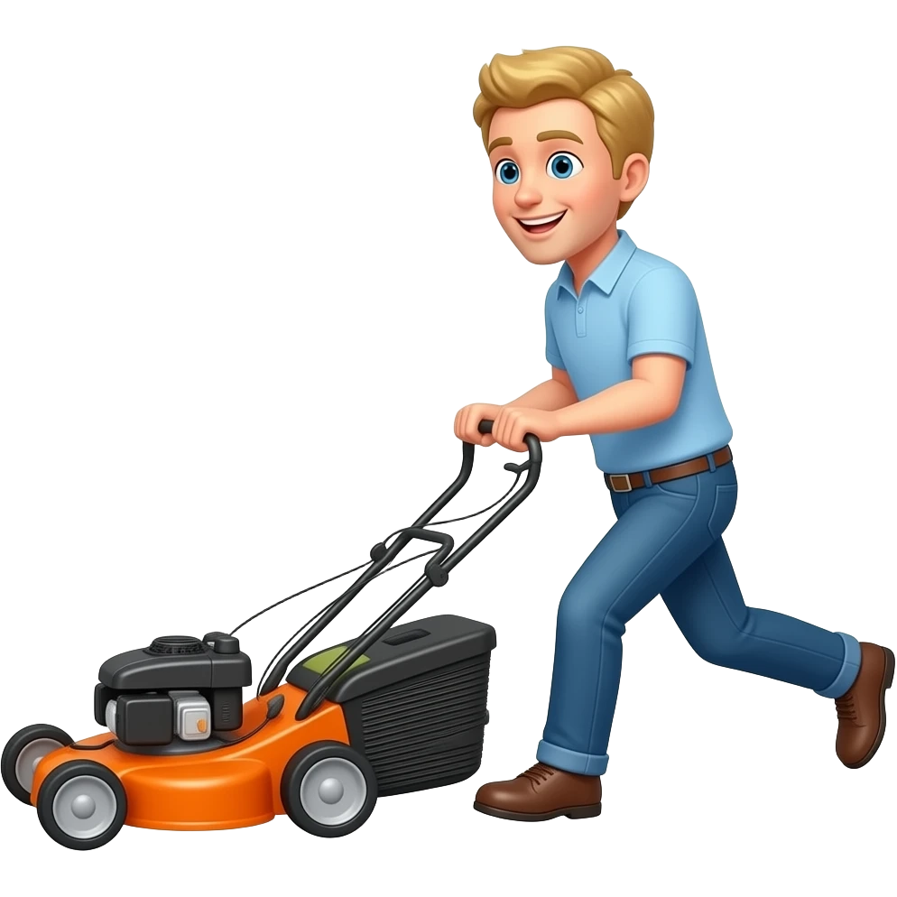 Happy man with blond hair speedily pushing an orange lawn mower emoji