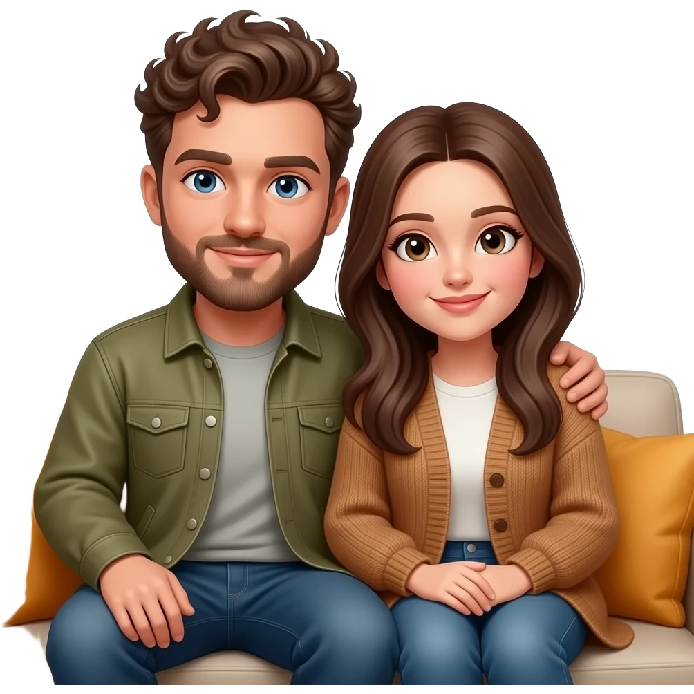 Realistic white man brown super short curly hair with beard being cozy with realistic white woman brown long straight hair on couch autumn emoji