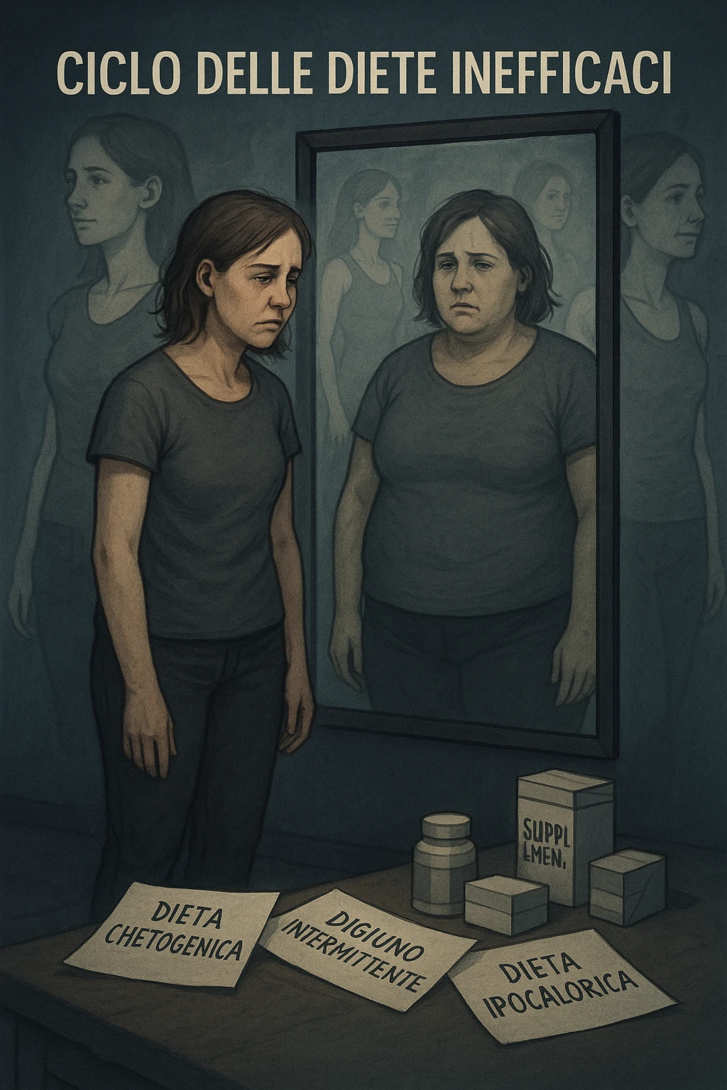 Donna tra i 30 e i 40 anni, in piedi davanti a uno specchio, con espressione delusa e stanca. Accanto a lei, sul pavimento, scatole di integratori, foglietti con scritte tipo 'Dieta chetogenica', 'Digiuno intermittente', 'Dieta ipocalorica'. Riflesso nello specchio mostra una versione di sé con peso aumentato, come se fosse tornata indietro nel tempo. Attorno a lei, immagini sbiadite o sovrapposte di sé in passato, quando era dimagrita. Atmosfera emotiva, simbolica, con luce fredda e sfumature di frustrazione. Messaggio visivo forte: 'ciclo delle diete inefficaci' in italiano emoji