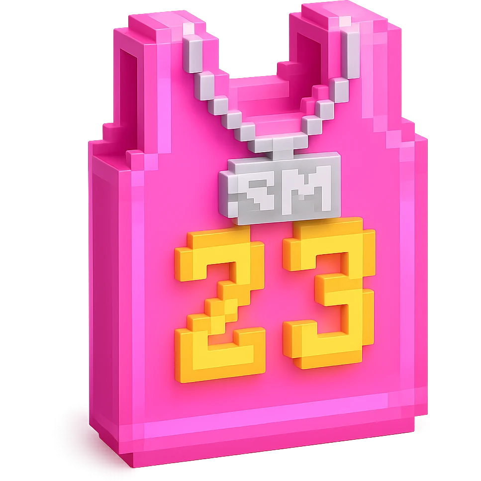 светящейся розовая баскетбольная майка с надписью "23" и серебряная цепь с надписью "SM", no background emoji