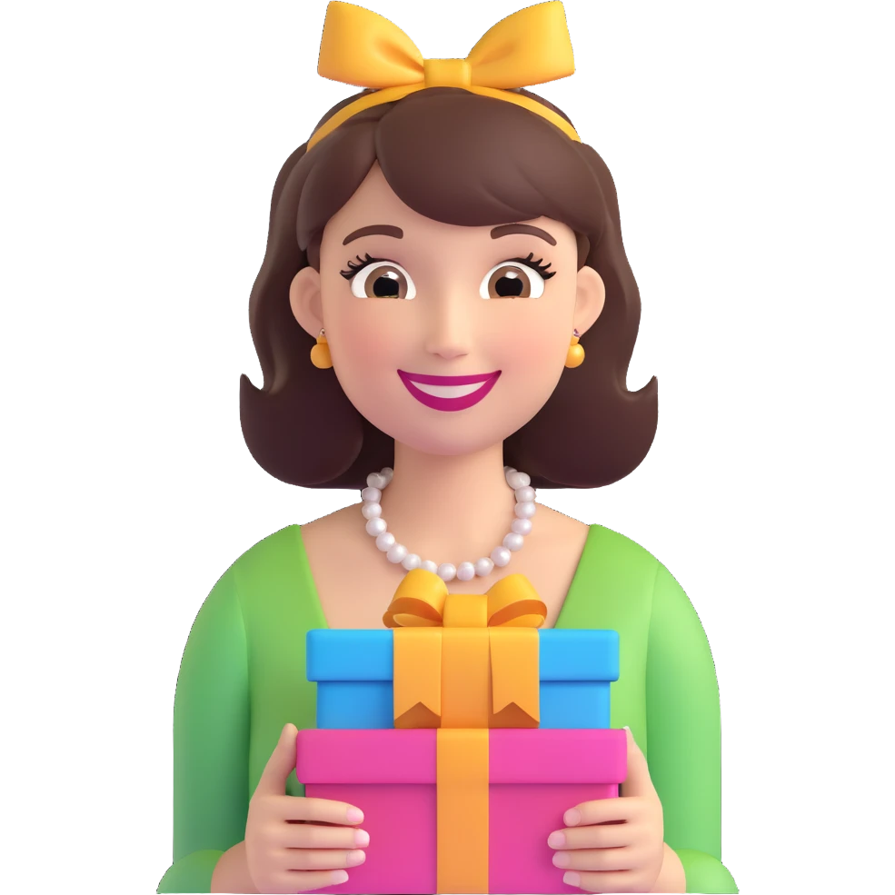 3D emoji of a smiling, feminine face with big eyelashes, no body, colorful and friendly, romantic style, with feminine accessories, motif: gift, transparent background emoji