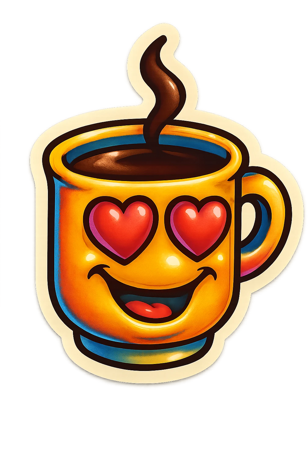 coffee cup creature, big heart eyes, dopey smile emoji