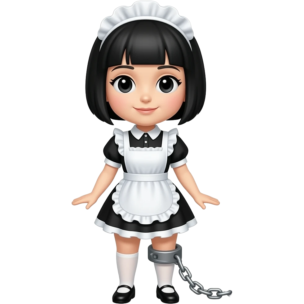 female emoji, black pixie cut hair, ball & chain attached to leg, maid outfit emoji