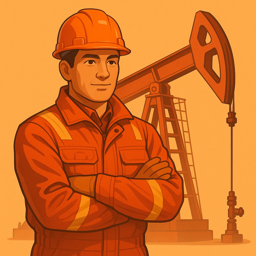 Сгенерируй мне нефтекачалку в мультяшный реалистичный стиль, мягкий тёплый свет, чистые контуры, детализированный костюм, гладкая цифровая отрисовка, оранжево-красная цветовая палитра. На однородном фоне emoji