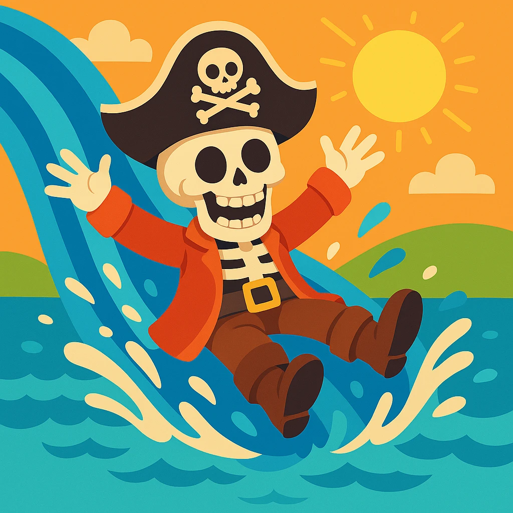 Make the pirate a skeleton pirate, keep the playful, vibrant cartoon style, on a water slide. Maintain the lively and colorful cartoon vibe. emoji