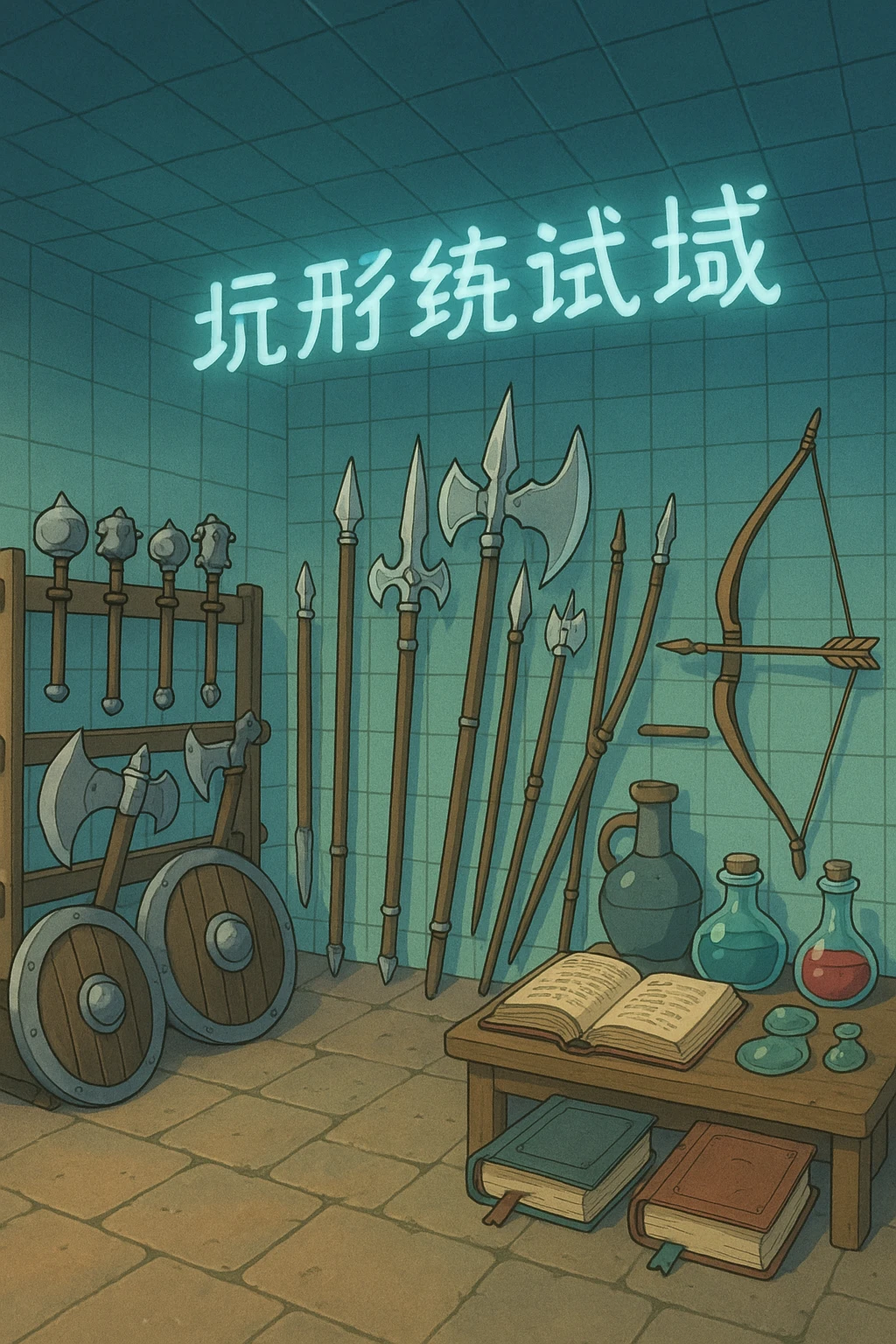 A virtual simulated training environment for combat drills, configured with swords, daggers, axes, maces, halberds, bow and arrows, and shields, as well as spell books and potions  emoji