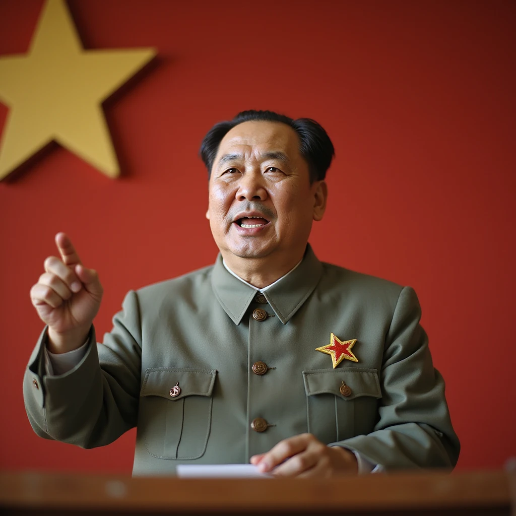 realistic photorealistic image of Mao Zedong as the chairman of the Chinese Communist Party, giving a speech, neutral background emoji
