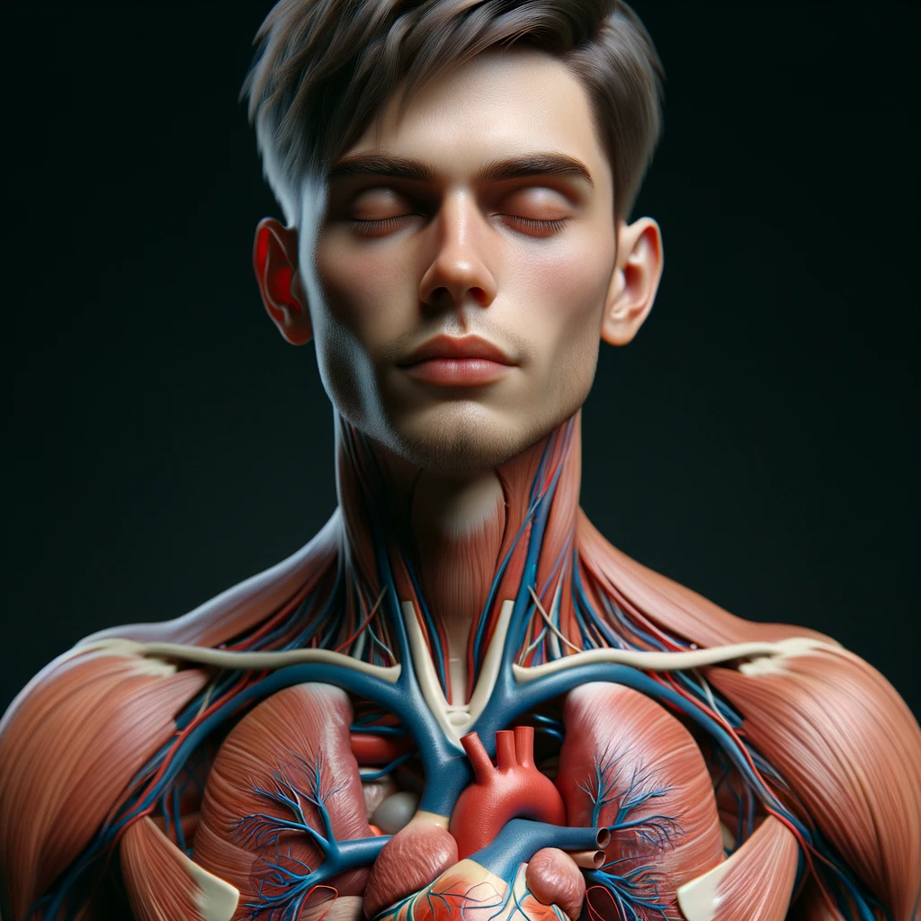 corpo umano anatomico con capelli corti in perfetta salute con gli occhi chiusi ed espressione serena, cuore e organi in evidenza, iperrealistica 4k emoji