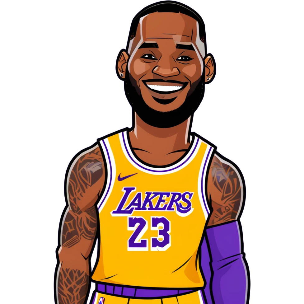 LeBron James in a cartoon sticker style, wearing a Lakers jersey, smiling emoji
