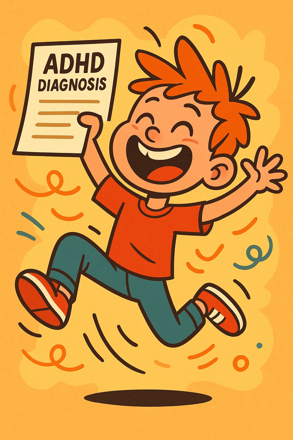 A hyperactive child with a big smile, bouncing with energy, holding a paper labeled 'ADHD Diagnosis', in a playful, colorful cartoon style emoji