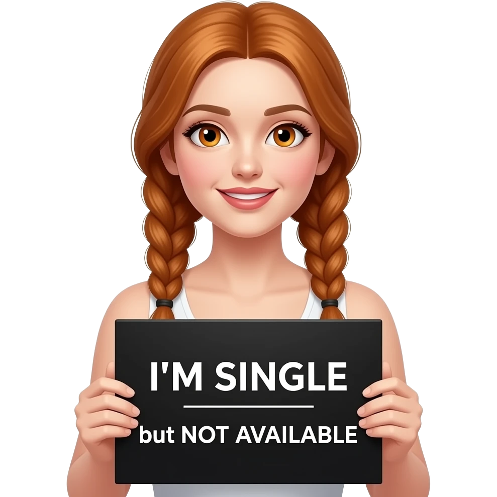 sexy girl with long ginger braids and ginger eyes wearing a white tanktop is holding a black sign with I'M SINGLE but not AVAILABLE written on it emoji