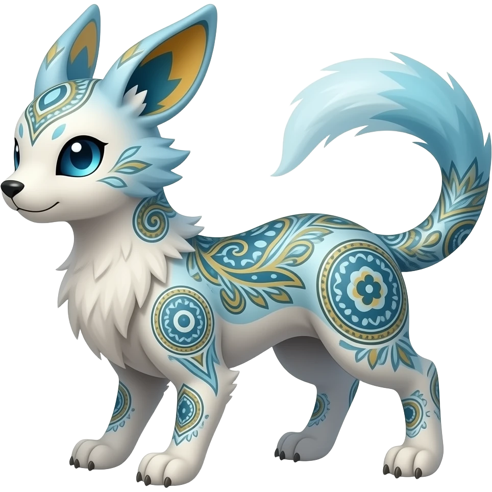 paisley-patterned ancient Short-legged quadrupedal elegant oriental feral painted Absol-Glaceon-Sylveon-animal-Fakémon-fusion-hybrid-creature emoji