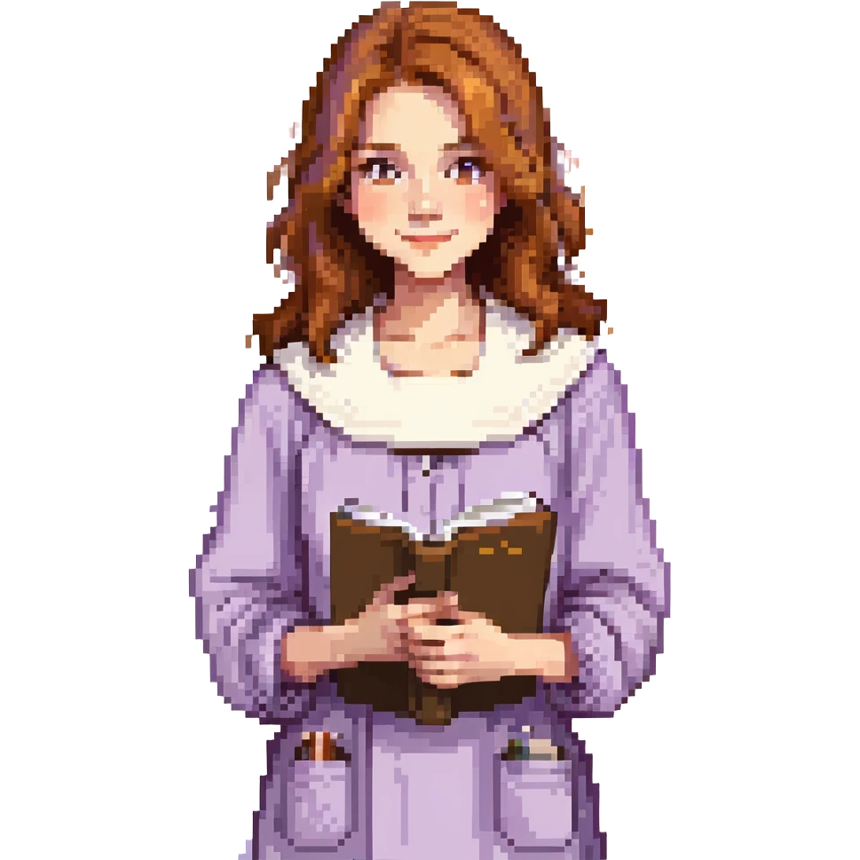 Calm female artist, Caucasian features, shoulder-length auburn hair, soft brown eyes, gentle smile, wearing a violet smock over a light beige top, holding a sketchbook close to chest, waist-up, front-facing emoji