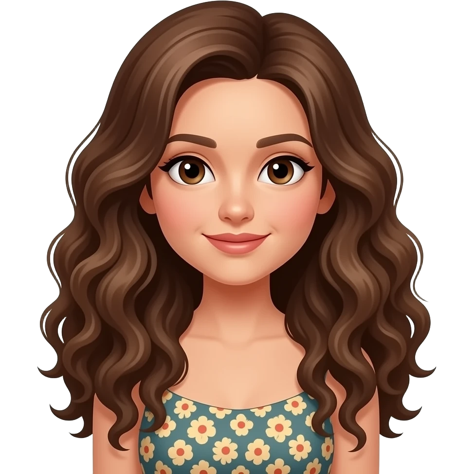 femme, mate de peau, cheveux longs bruns bouclés, yeux marron, en robe emoji
