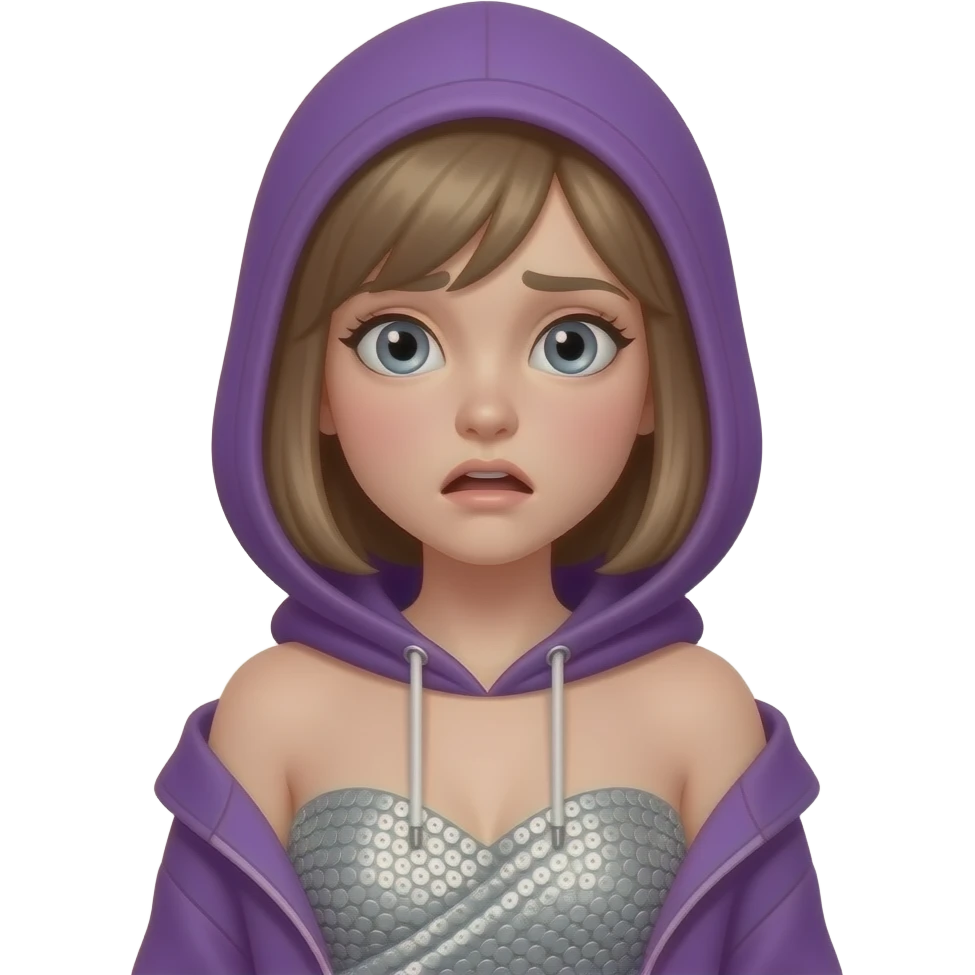White girl with gray eyes, dark blonde (almost brown) chin-length hair, wearing a purple hoodie (with the hood down) over a silver sequined dress that wraps around with no shoulder-straps. Scared. emoji