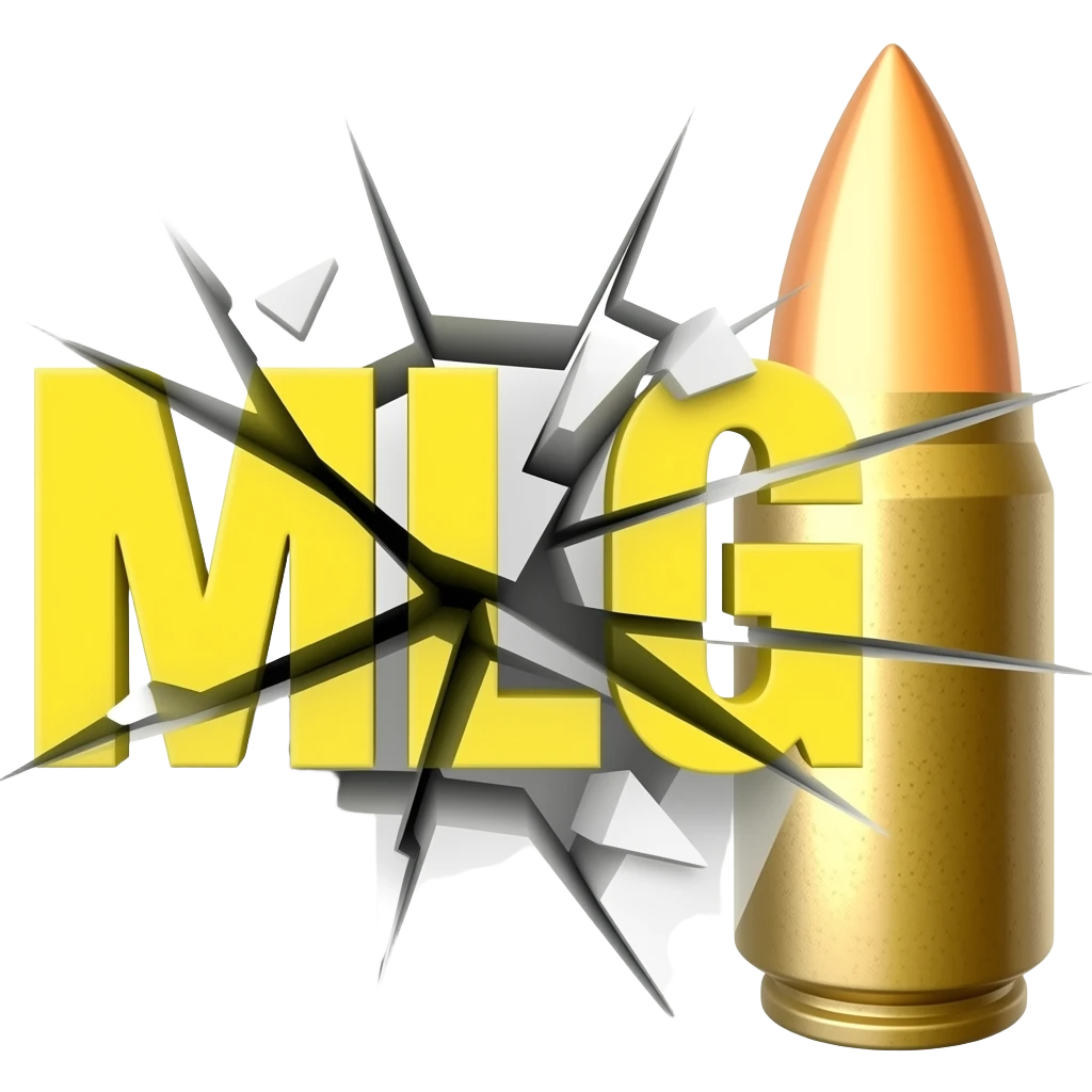 Надпись MLG! жёлтого цвета и рассыпалась на части от выстрела пули emoji