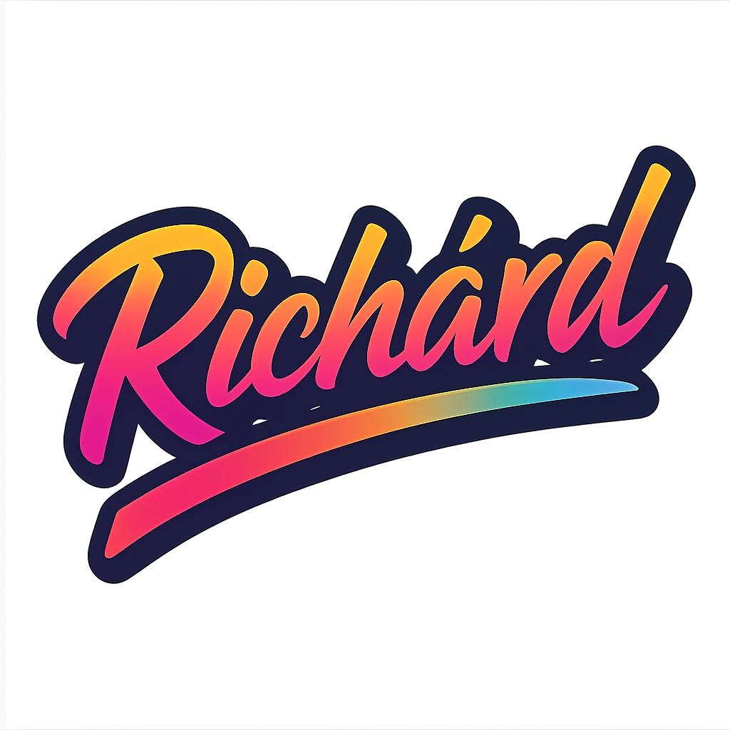 The name 'Richárd' in a modern, colorful gradient font with a dark outline, on a transparent background. The name is either underlined or partially underlined with a dynamic, slanted underline, styled in the manner of the provided sample images. emoji