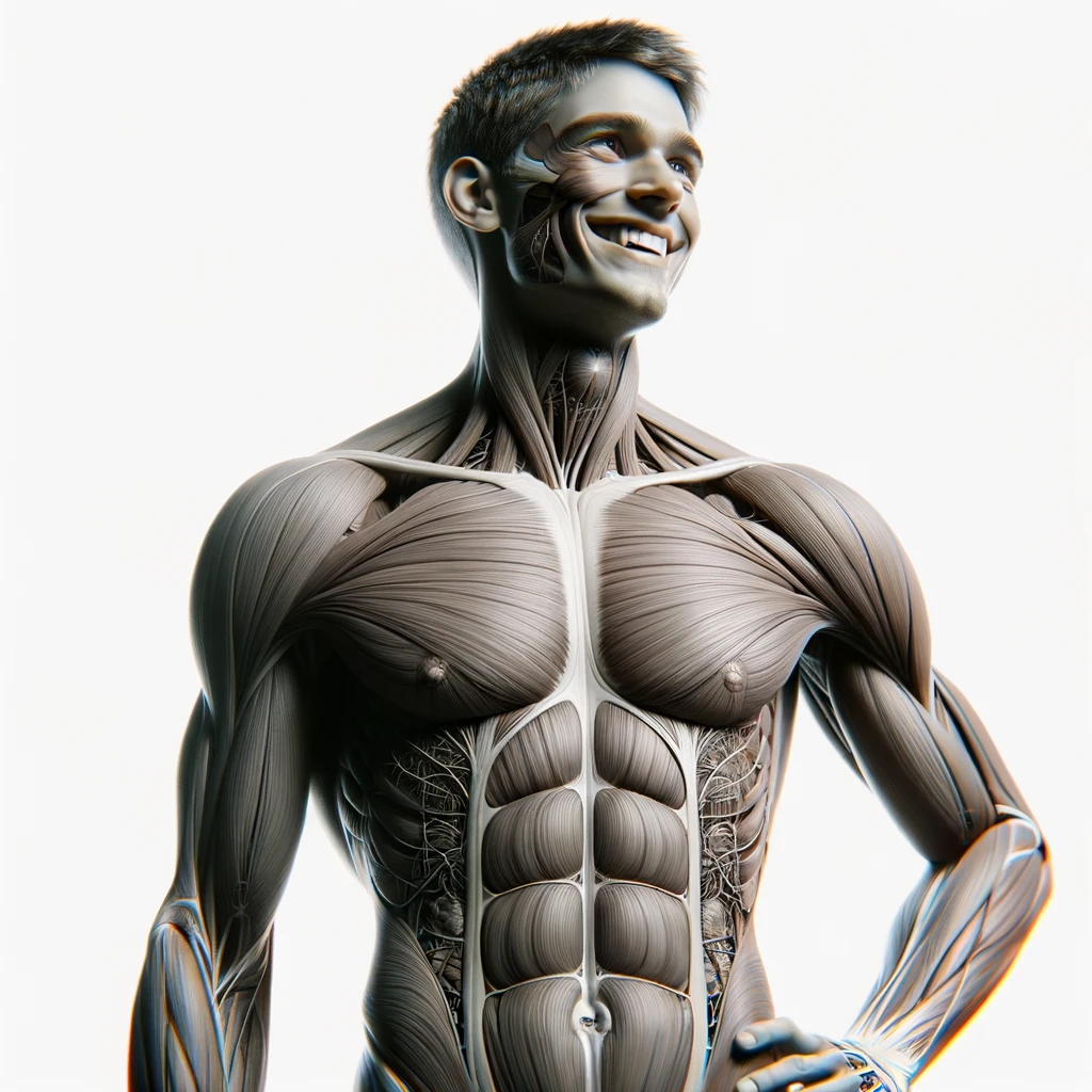 corpo umano anatomico a figura intera che sorride rilassato, iperrealistico 4k, isolato su sfondo bianco emoji