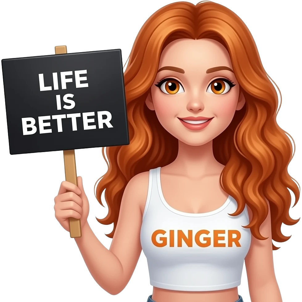 sexy girl with long wavy ginger hair and ginger eyes wearing a white tanktop is holding a black colored sign with LIFE is BETTER with a GINGER written on it emoji