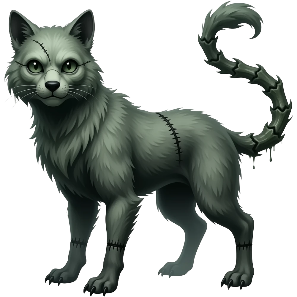 spectral spooky dark bleak blackish swampy gloomy ghostly dark greyish dark-deep-greenish foggy eldritch beautiful realistic edgy fantasy ghoul-like stitched vernid-sergal-fursona animal creature with a bony long thin tail emoji