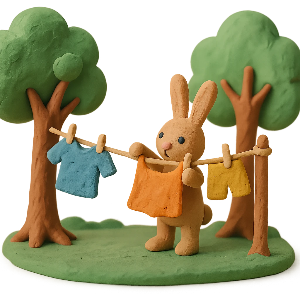 bunny hanging laundry between trees, calming domestic forest feel emoji