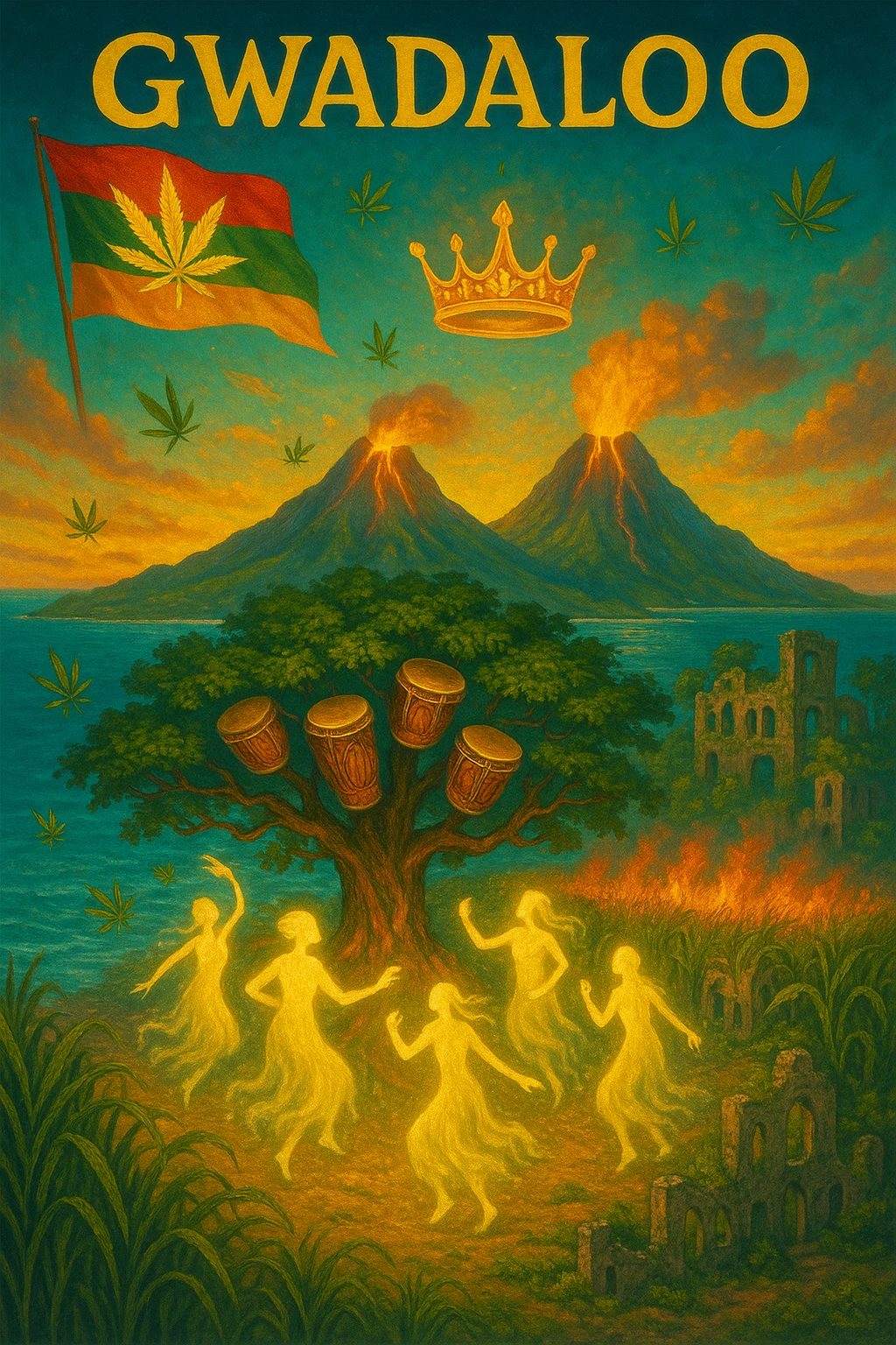 “Depict a mystical reimagining of Guadeloupe, a sacred French Caribbean island renamed Gwadaloo in spiritual rhythm. The landscape blends lush green mountains, twin volcanoes erupting golden light, and deep turquoise sea. In the center stands a legendary Drum Tree — its branches grow carved wooden drums instead of fruit, and glowing ancestral spirits dance around it in a circle of rhythm. Sugarcane fields burn gently in the background, symbolizing the release of colonial pain, while ganja leaves drift in the wind like blessings. Overhead, a sacred ganja-leaf flag flutters in the sky with red, green, and gold colors. A Creole crown floats in golden light above the island, not on any man’s head, but pulsing to the beat of the land. In the distance, ghostly ruins of colonial buildings crumble into dust, reclaimed by vines and time. Use a vibrant, cinematic color palette with warm golden light, deep greens, glowing reds, and ocean blues. Style the scene as prophetic, surreal, and empowering — a vision of Caribbean sovereignty, rhythm, and soul remembrance." emoji