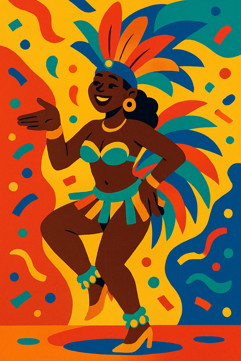 Black person performing samba, colorful carnival attire, dynamic movement, inviting gesture emoji