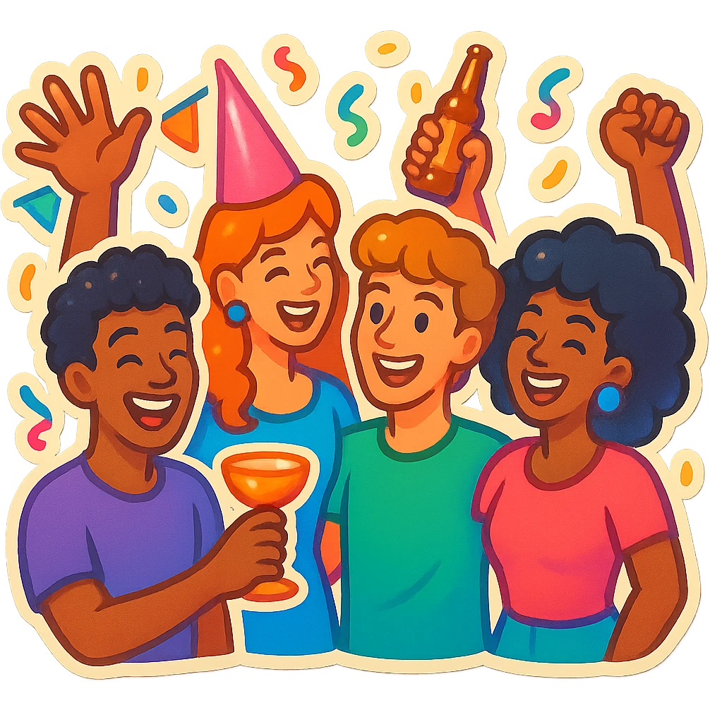 A group of friends at a party in retro stickers style, with a festive atmosphere and bright colors emoji