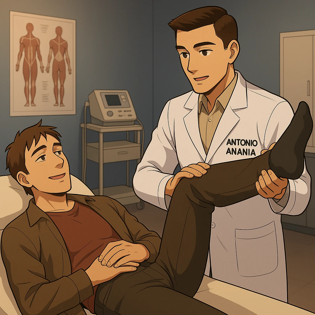 fai un webtoon manga a colori con questo stile, in cui un uomo è steso sul lettino medico e il kinesiologo con il camice bianco (fagli anche la scritta "ANTONIO ANANIA" SUL CAMICE, gli solleva una gamba per fargli il test neuromuscolare, IL KINESIOLOGO SPIEGA ALL'UOMO UNA cosa mentre gli alza la gamba. non fare i fumetti però, fai solo in modo che sembri stiano parlando emoji