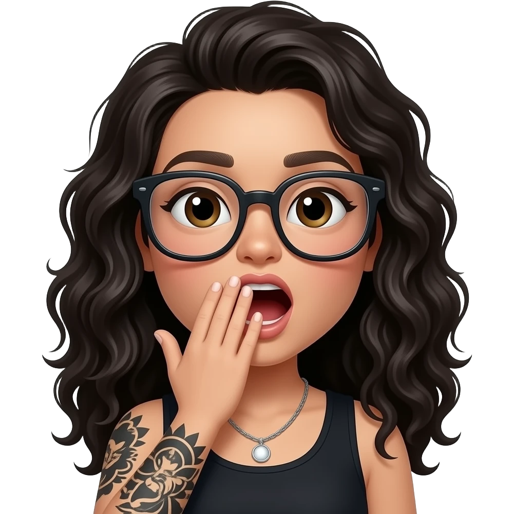Kawaii style round very light brown skin glossy with oversized glasses and a full black tattooed arm and long curly black hair, yawning with hand in front of mouth emoji