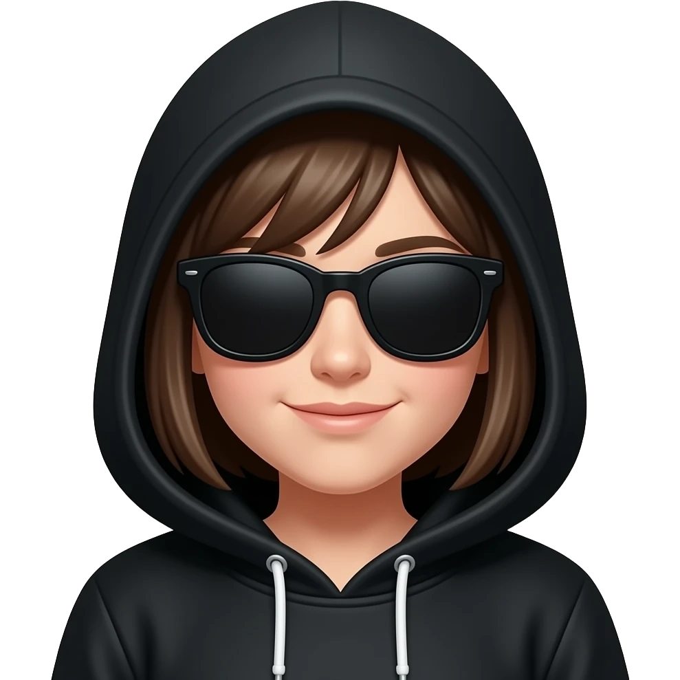 A girl wearing a Black hoodie with entire face is hidden in shadow.  She’s wearing black sunglasses and her hair is covering her face. The only part of her face showing slight smirk on one side of her mouth emoji