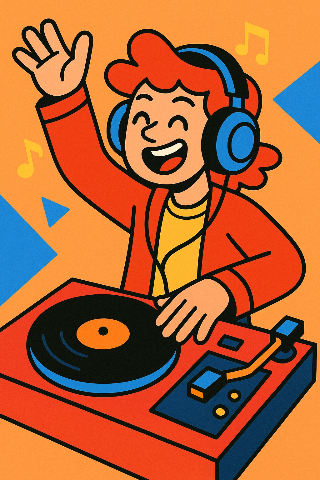 vibrant and energetic deejay character wearing headphones with a turntable, modern style emoji