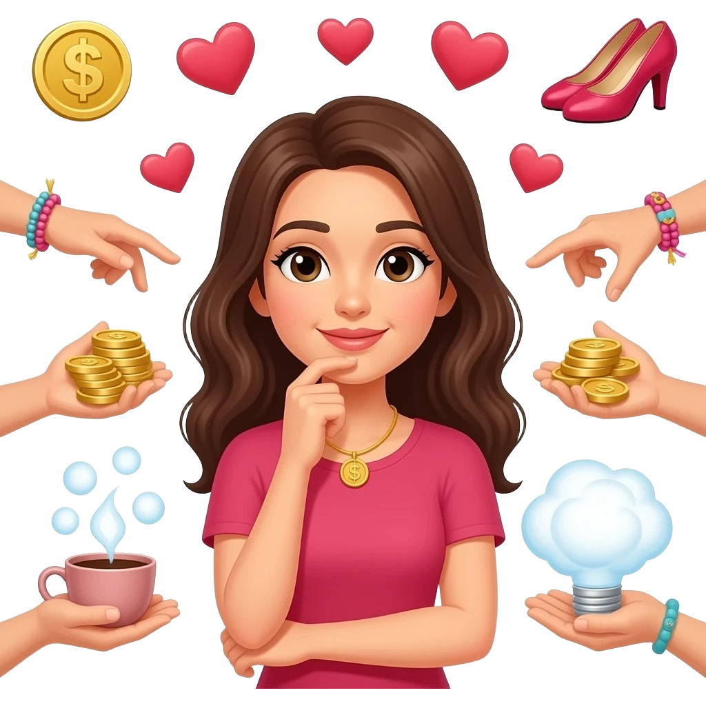 женщина думает о любовь, деньги, танцы, кофе, подруги, желания из много рук или мыслей emoji