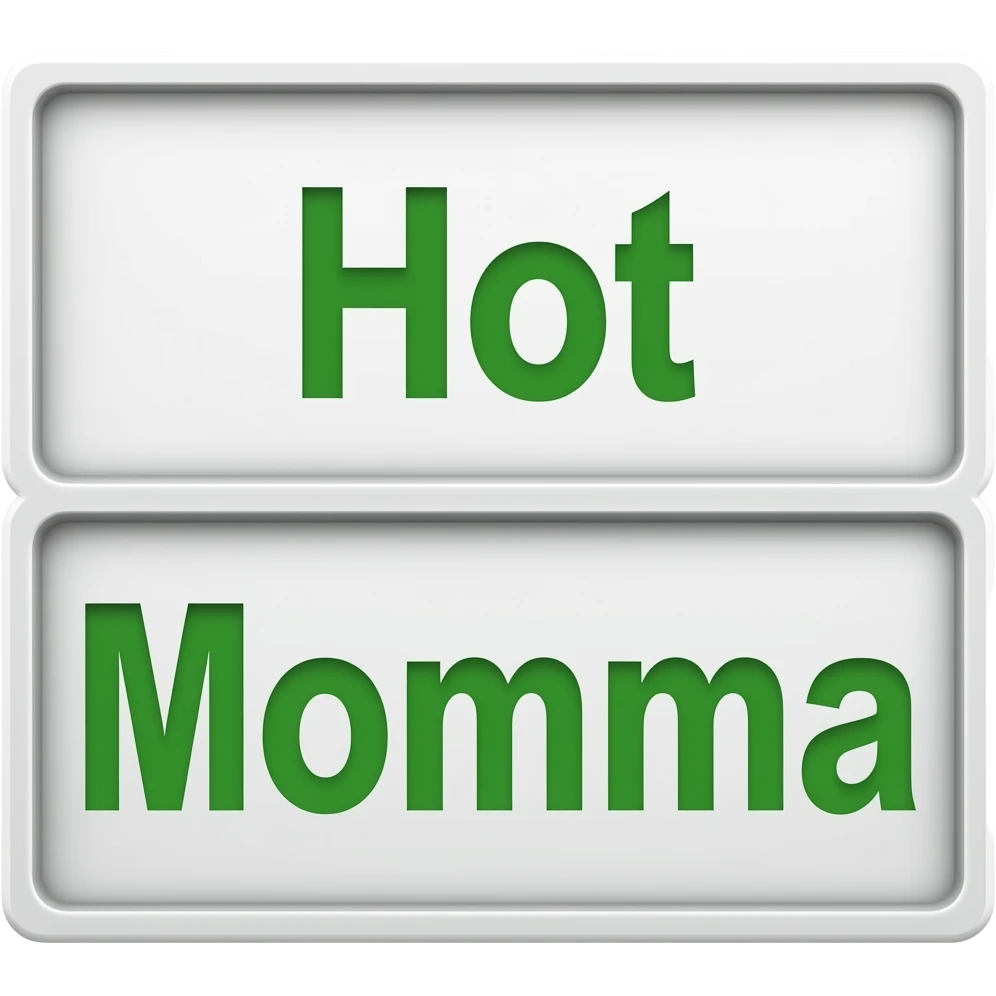 Top word says Hot, bottom word says Momma, green lettering, white bordering emoji