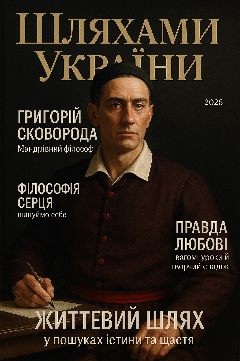 Create a glamorous, ultra-realistic magazine cover titled "Шляхами України".
The cover features Princess Olga from the downloaded image.
The cover design should be bright with elegant typography.
Add the title: "Григорій Сковорода", the subtitle: "Мандрівний філософ", and the release date: "2025".
Include additional subheadings and a well-thought-out layout.
Premium lighting, dramatic shadows, rich colour correction, glossy paper texture, minimalist background, focus on the character and typography in the spirit of glossy publications. emoji