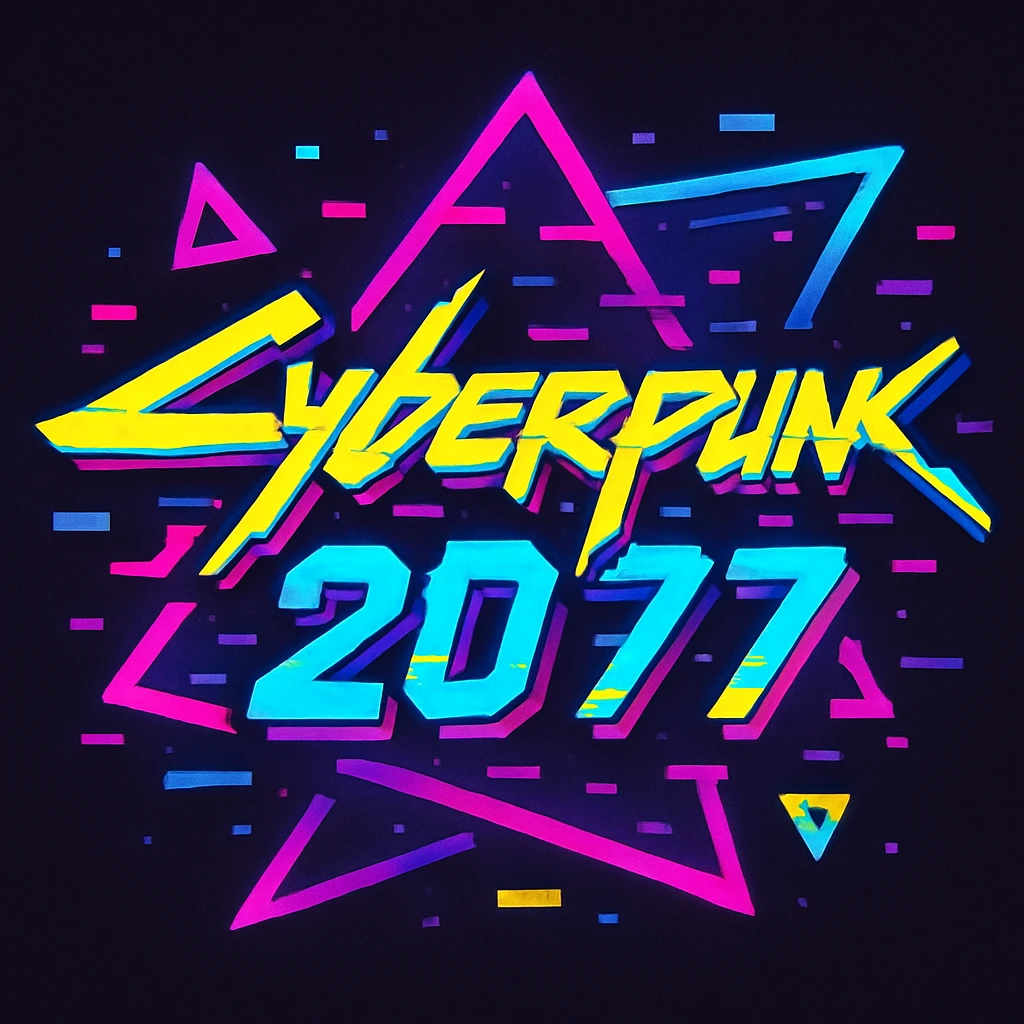 cyberpunk 2077 logo, bold neon colors, glitch effect, tech font emoji