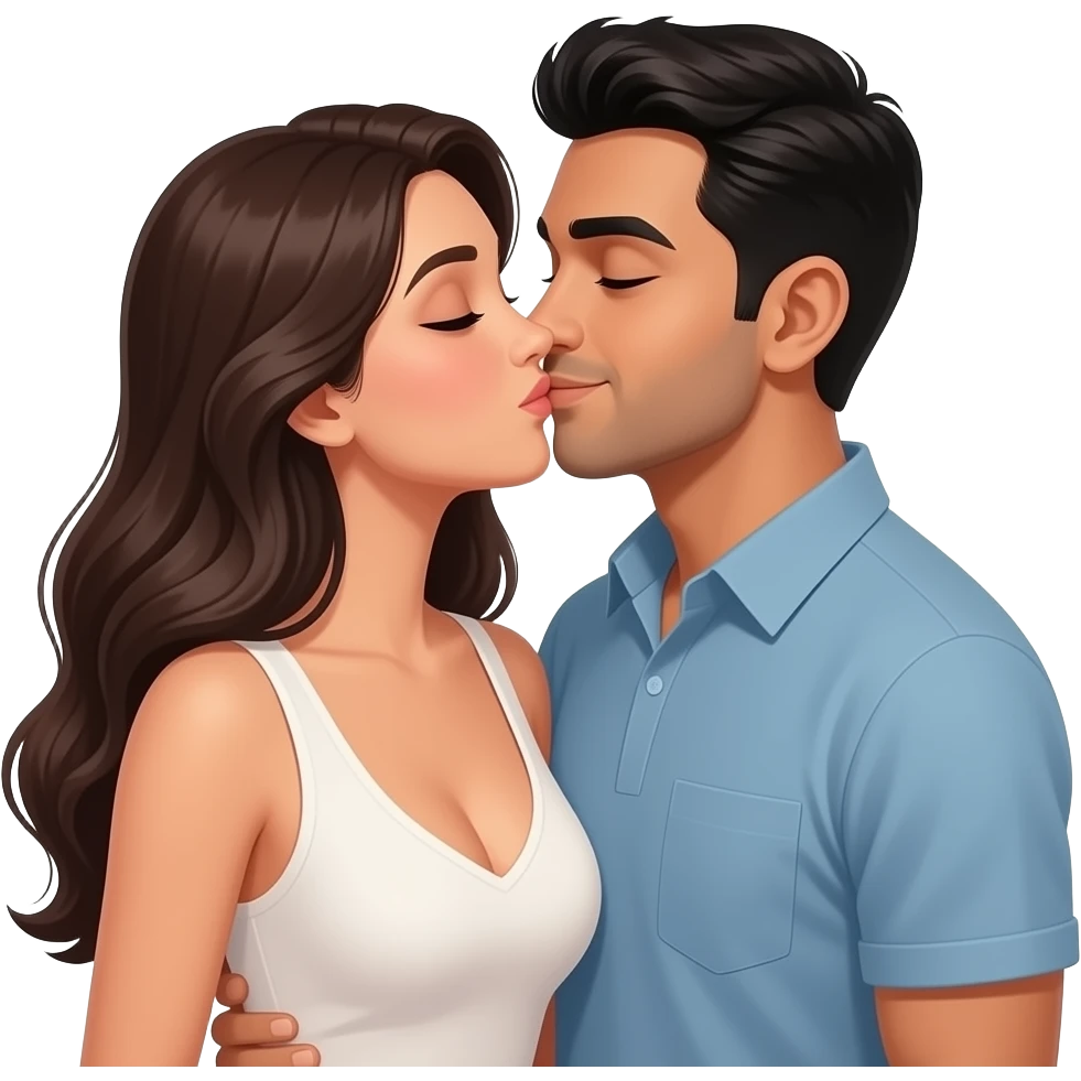 Husband kissing wife lovingly Indian couple modern casual dress. Lady low neck, men no beard emoji