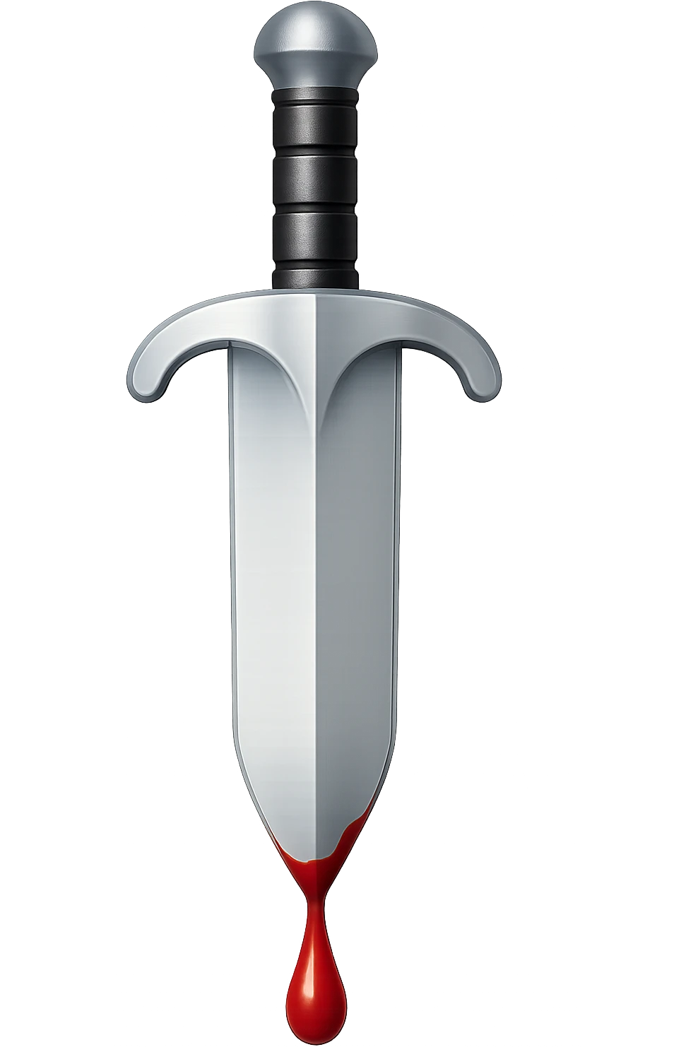 Rotate the sword to be perfectly vertical, keep the exact same type, proportions, and details. Change the finish from iron to realistic, lighter, shiny steel. Add blood dripping from the tip. The style should resemble apple style emojis with a transparent background. emoji