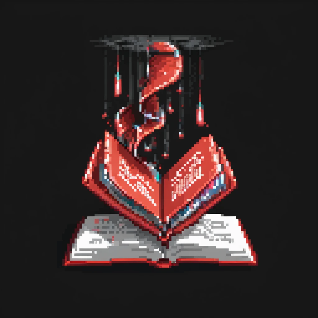 pixel art floating red book with pages turning, dark background, magical glow emoji
