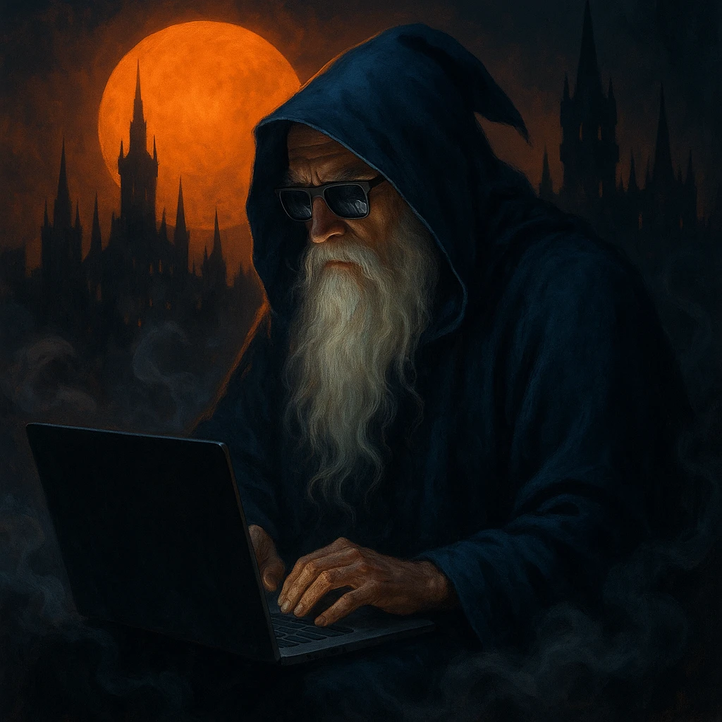A modern technomancer: an old sage with a flowing white beard, deep blue hooded cloak, and sunglasses, focused on a laptop. He sits amid swirling smoke, with a glowing orange sun or moon and a gothic city skyline with spires in the background. Dramatic lighting with warm orange and cool blue/black tones. emoji