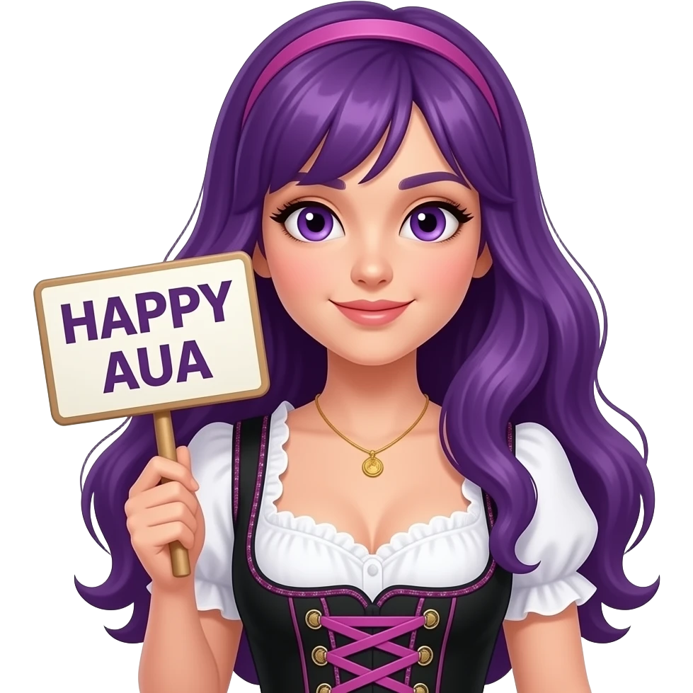 sexy girl with long purple hair and purple eyes wearing a dirndl holding a HAPPY AUA sign emoji