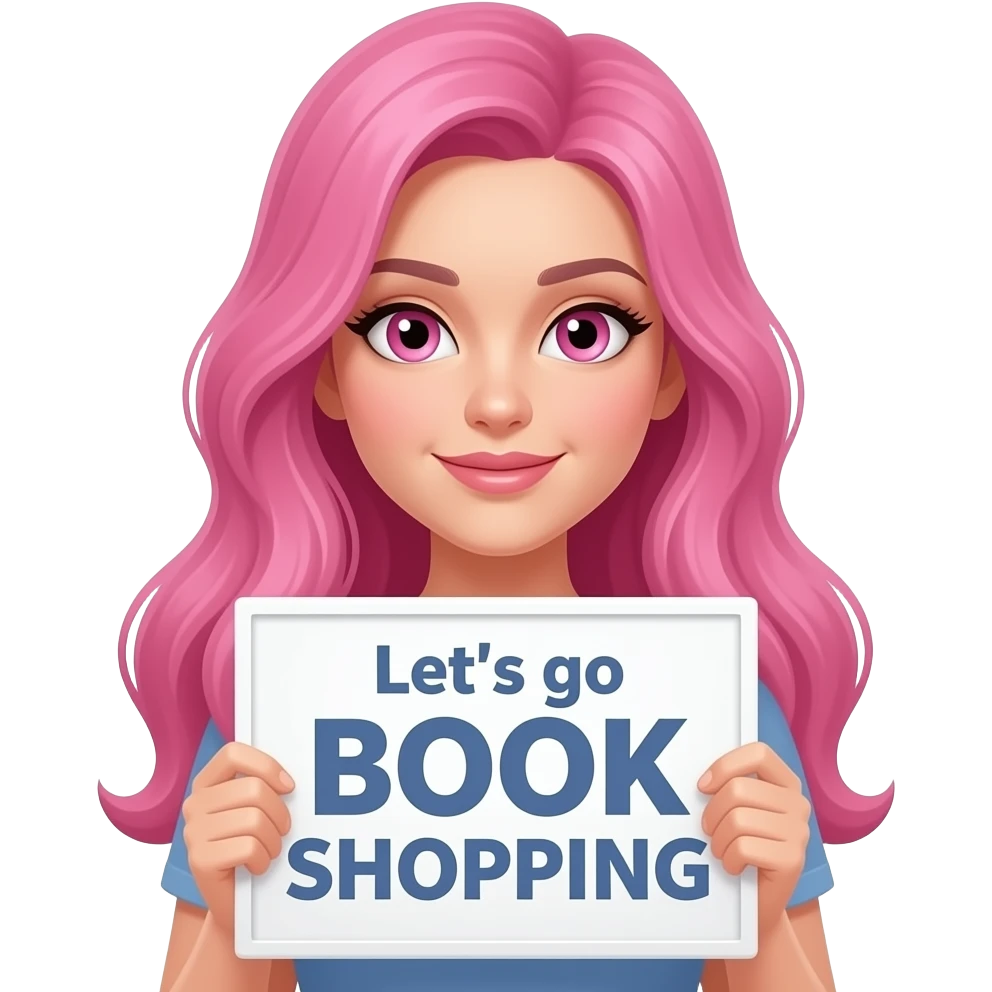 sexy girl with long pink hair and pink eyes holding a Let's go BOOK SHOPPING sign emoji