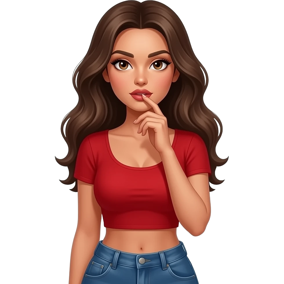 Fingers on lips and . woman with tan glowy skin, hazel eyes almond with long lashes, softly arched brows, full lips, dark blonde flowing hair, delicate feminine sexy features, wearing a red crop top and blue low waist jeans, confident and femenine and glam makeup. Intense seductive look. emoji