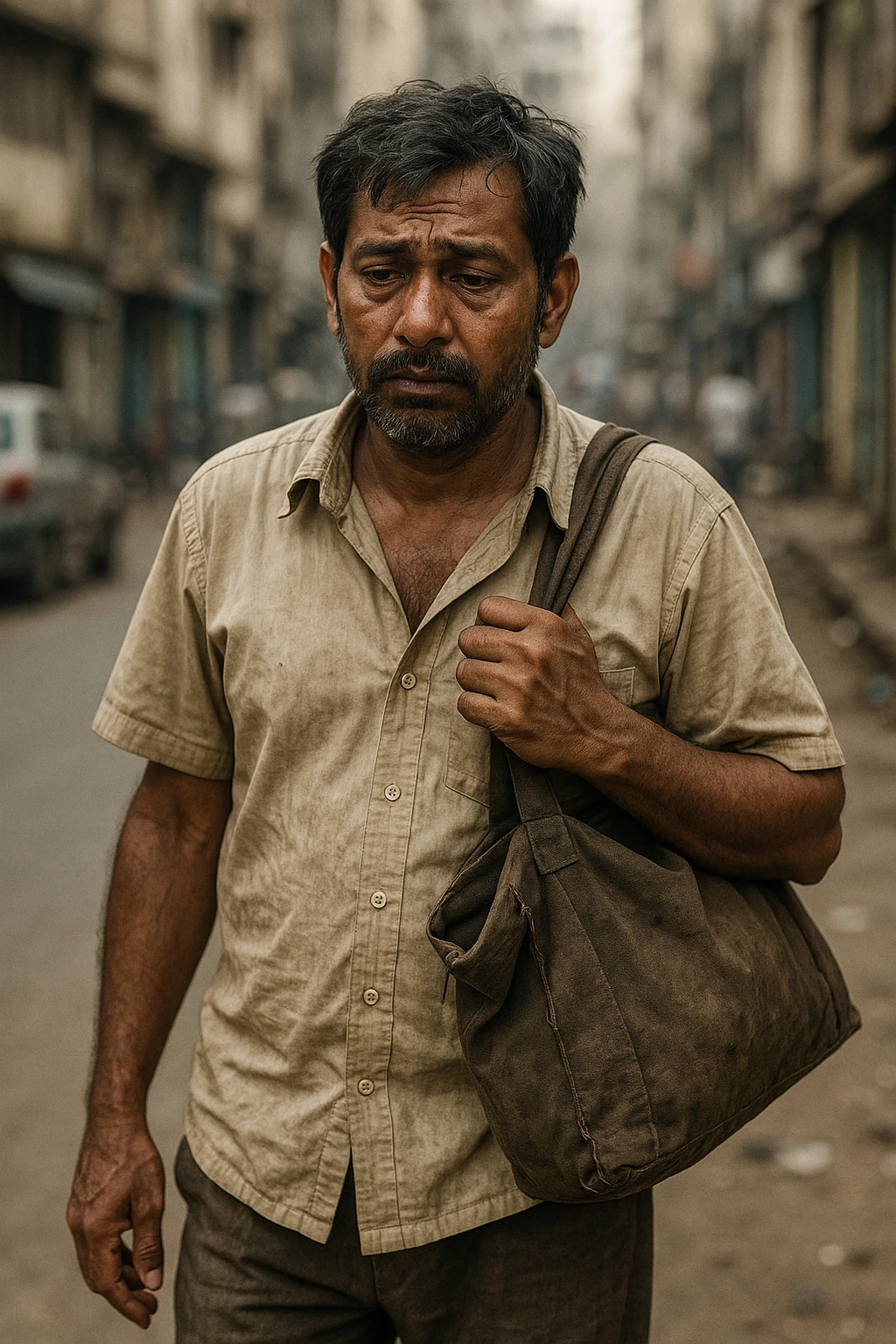 realistic style portrait of a poor Indian father wearing simple clothes, carrying a worn bag, walking to work with a tired expression, urban background emoji